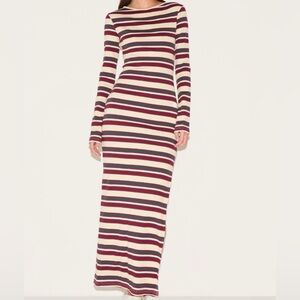 PrettyLittleThing Burgundy and Cream Striped Long Sleeve Dress
